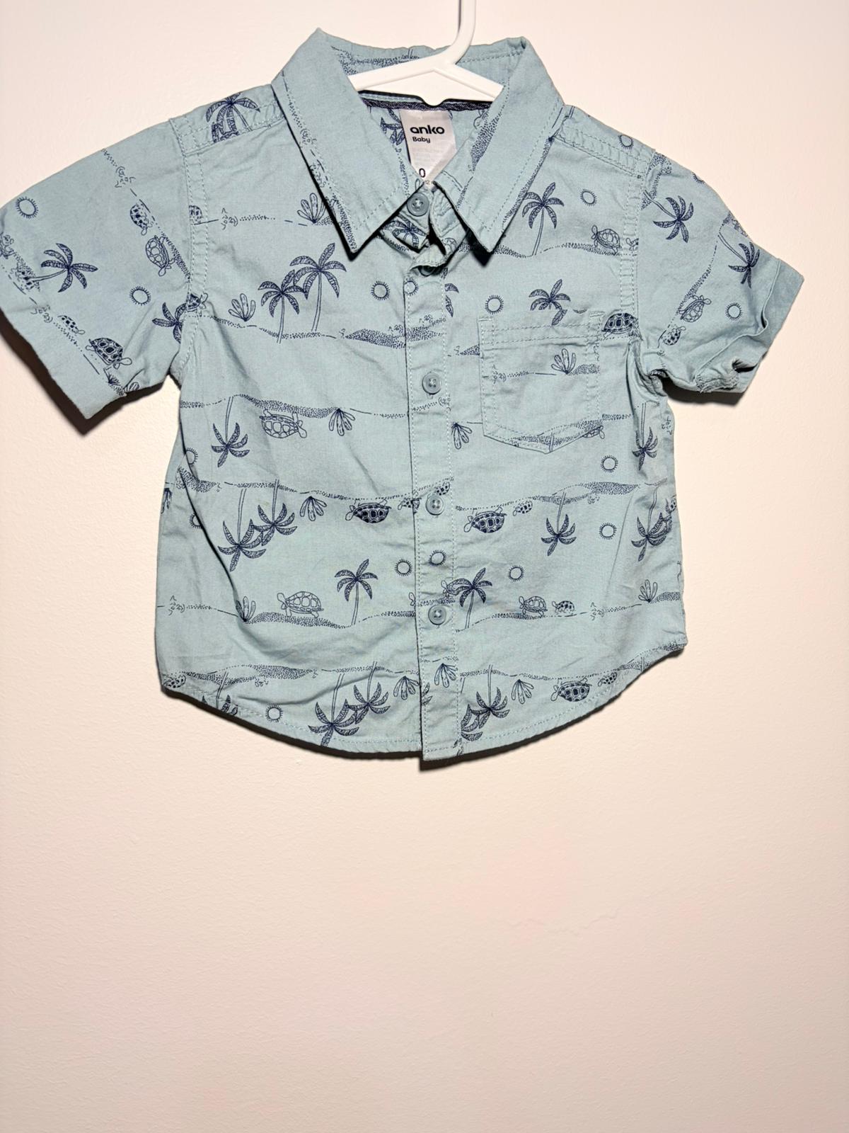 0 Anko palm print blue shirt.