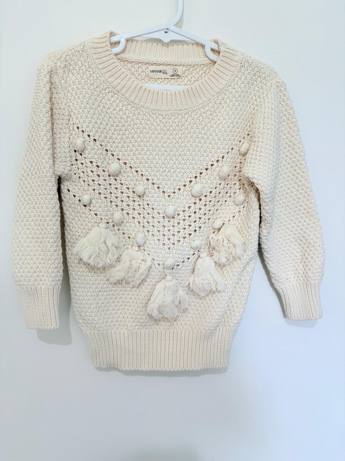 Size 3 MIANN & Co. knitted cream tassel jumper.