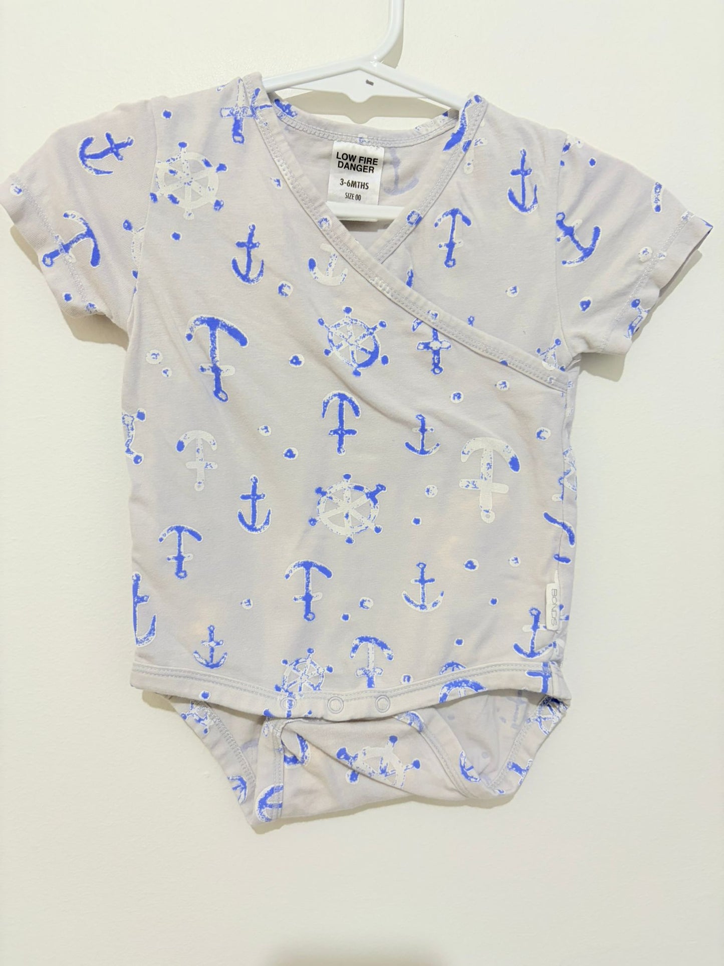 Size 00 Bonds grey nautical short sleeve bodysuit.