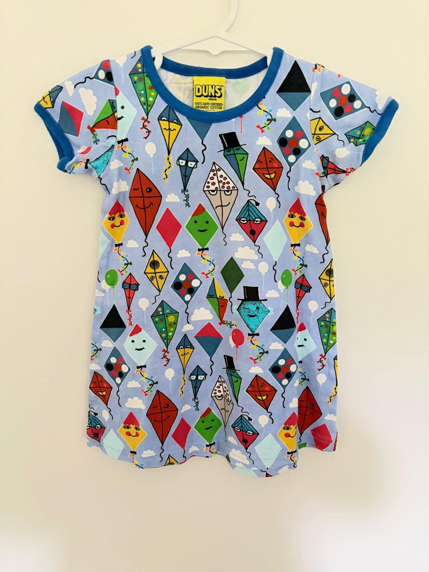 Size 2 DUNS Organic cotton multicolour kite print dress with blue trim.