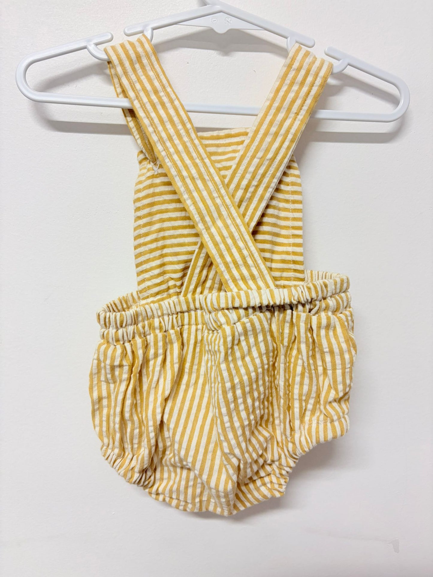 Size 000 No label handmade light cotton yellow stripe romper.