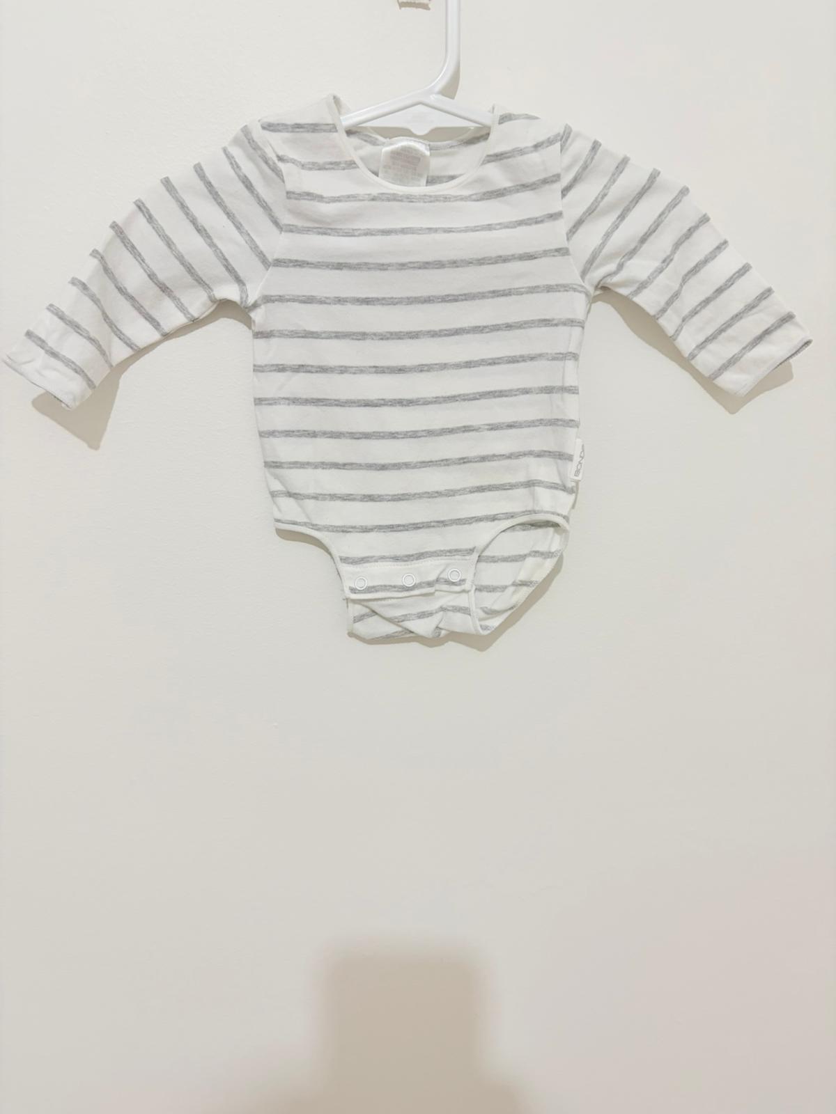 0000 Bonds long sleeve bodysuit white with grey stripes.
