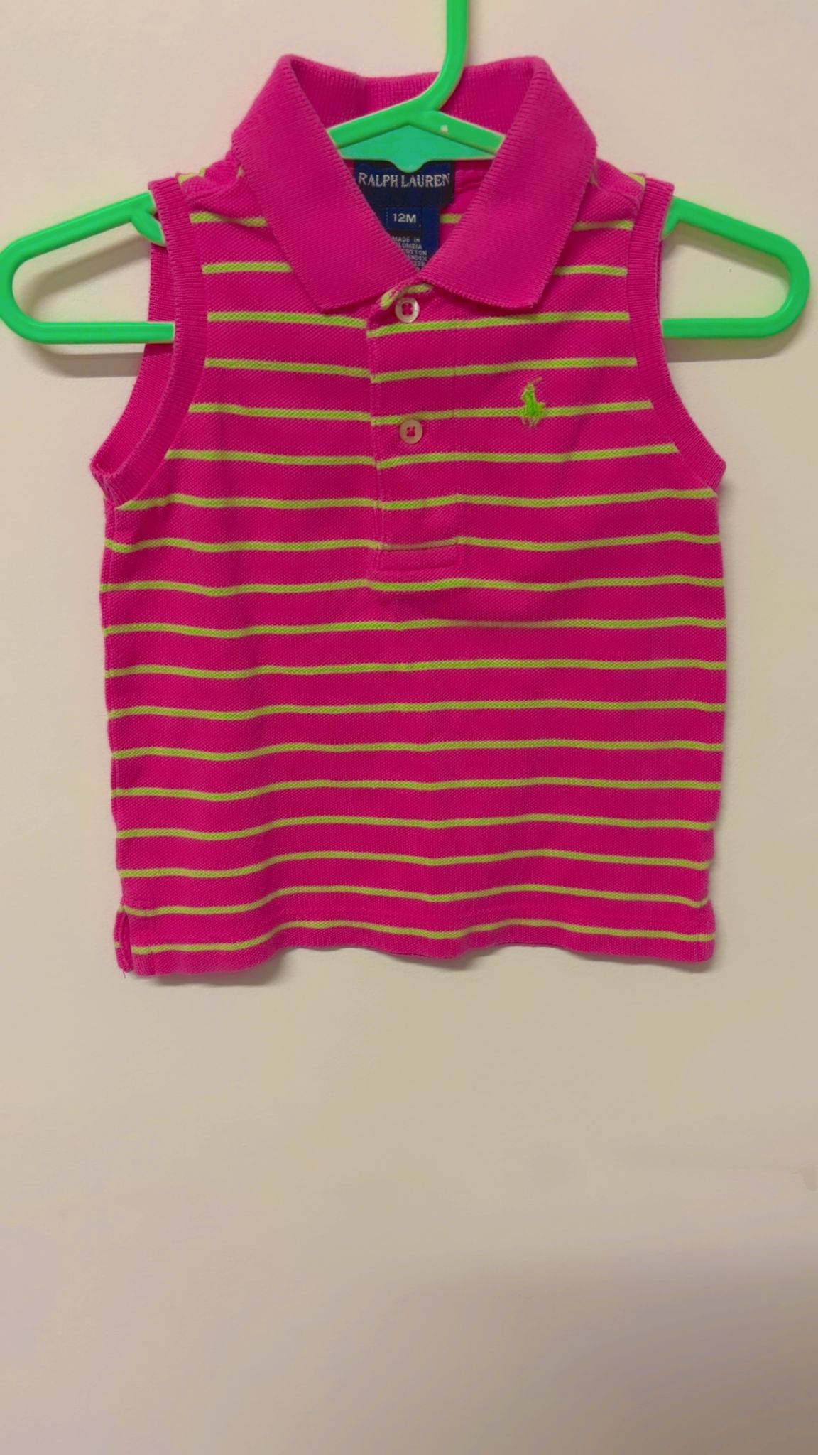 Size 1 Ralph Lauren hot pink with lime green stripe logo sleeveless top.