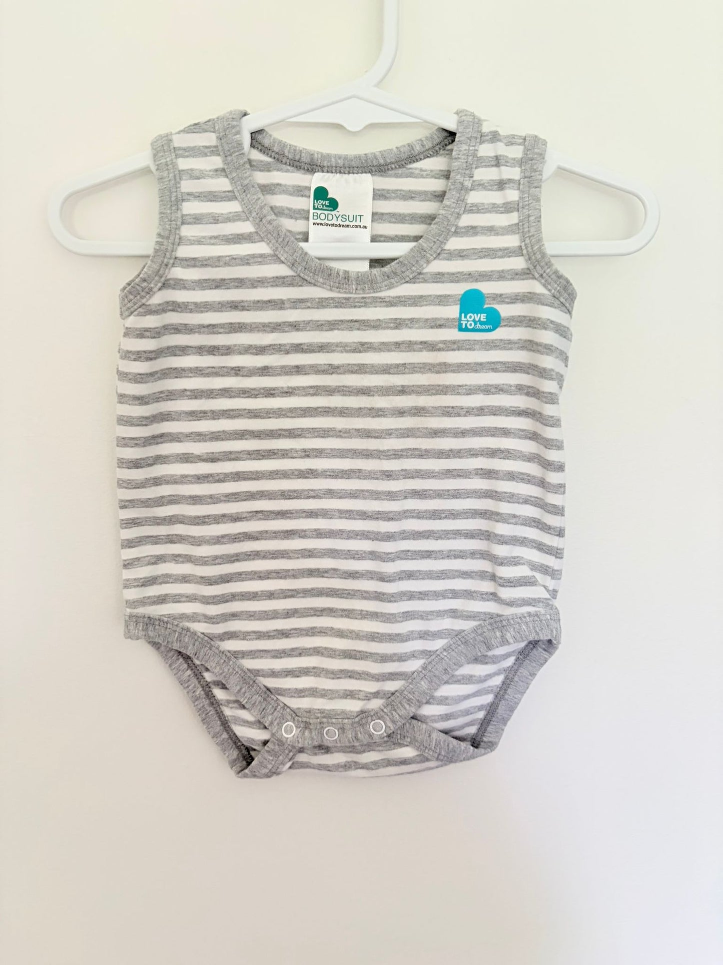 Size 00 Love to dream grey/white stripe bodysuit.