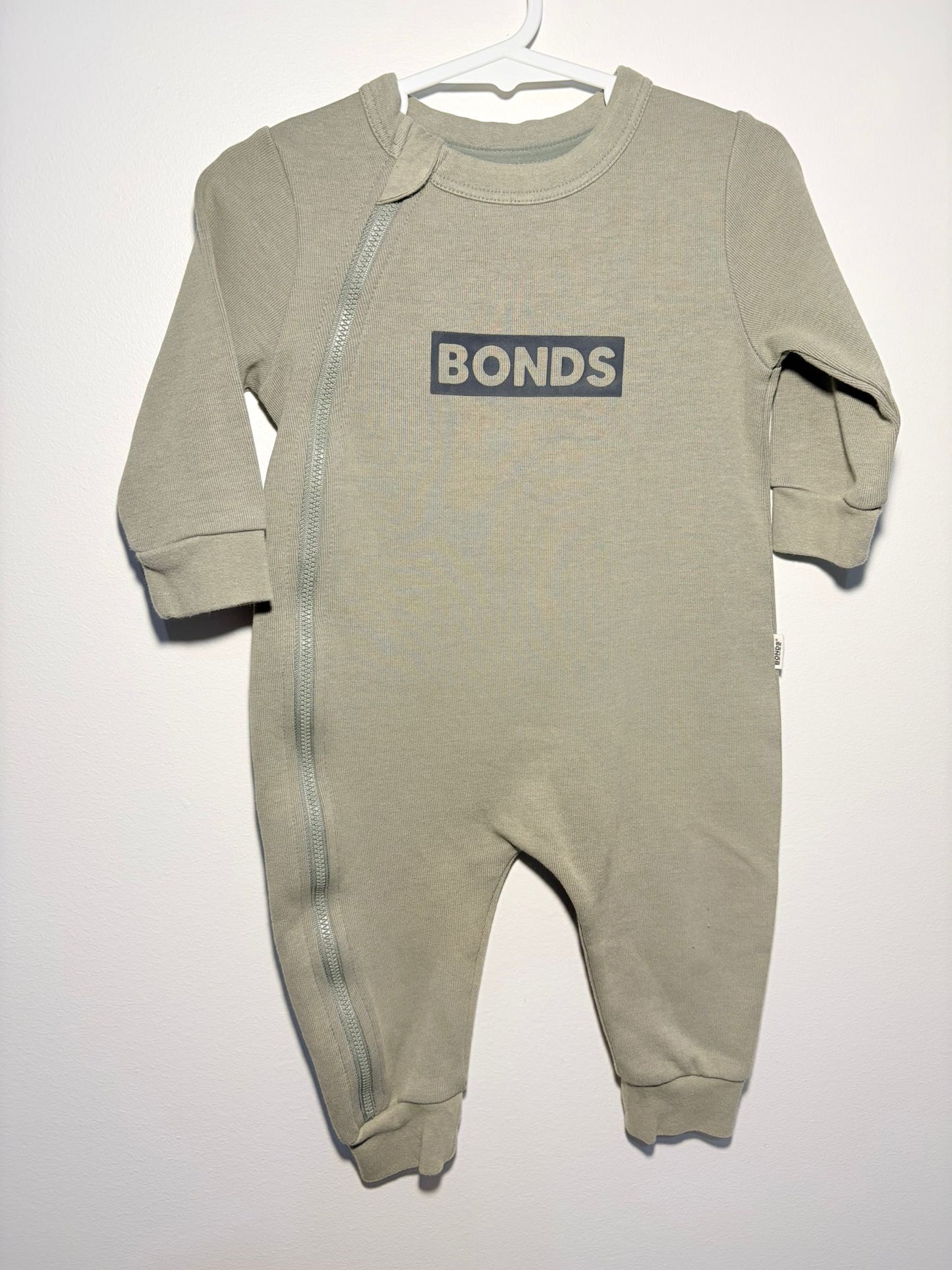 0 Bonds winter onesie with side zipper, olive green.