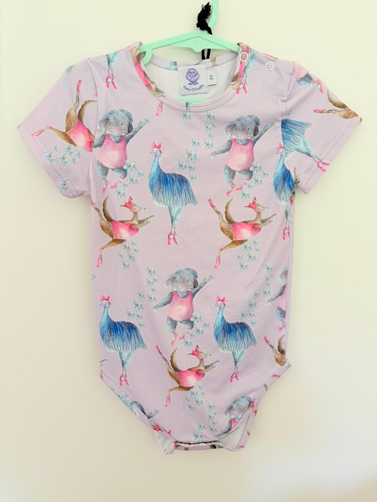 Size 2 Cheeky chickadee Australian animals lilac print bodysuit.