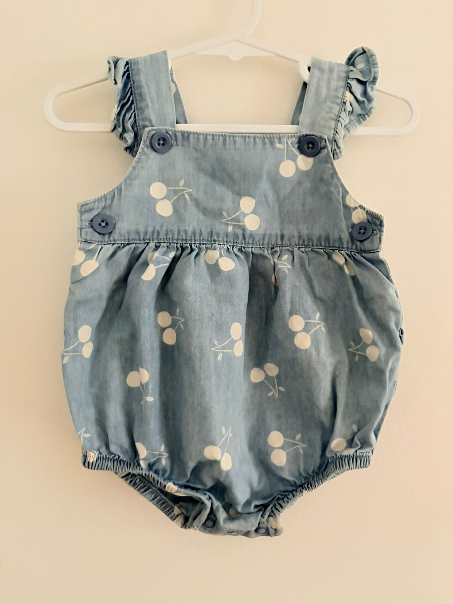00 Kids & Co romper soft denim cherries.