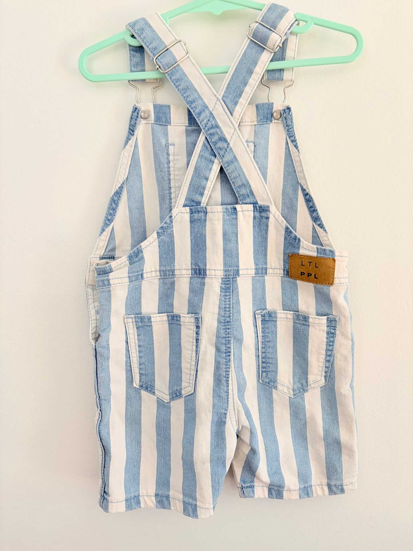 Size 3 LTL PPL Blue/white striped overalls.