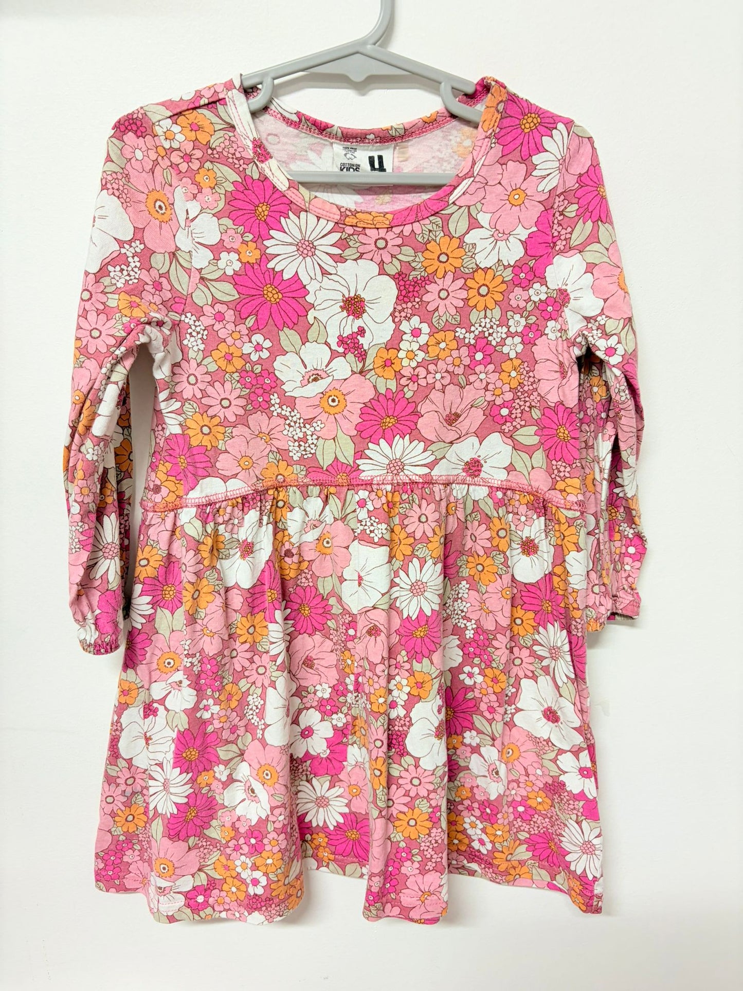 Size 4 Cotton on kids pink floral long sleeve dress.