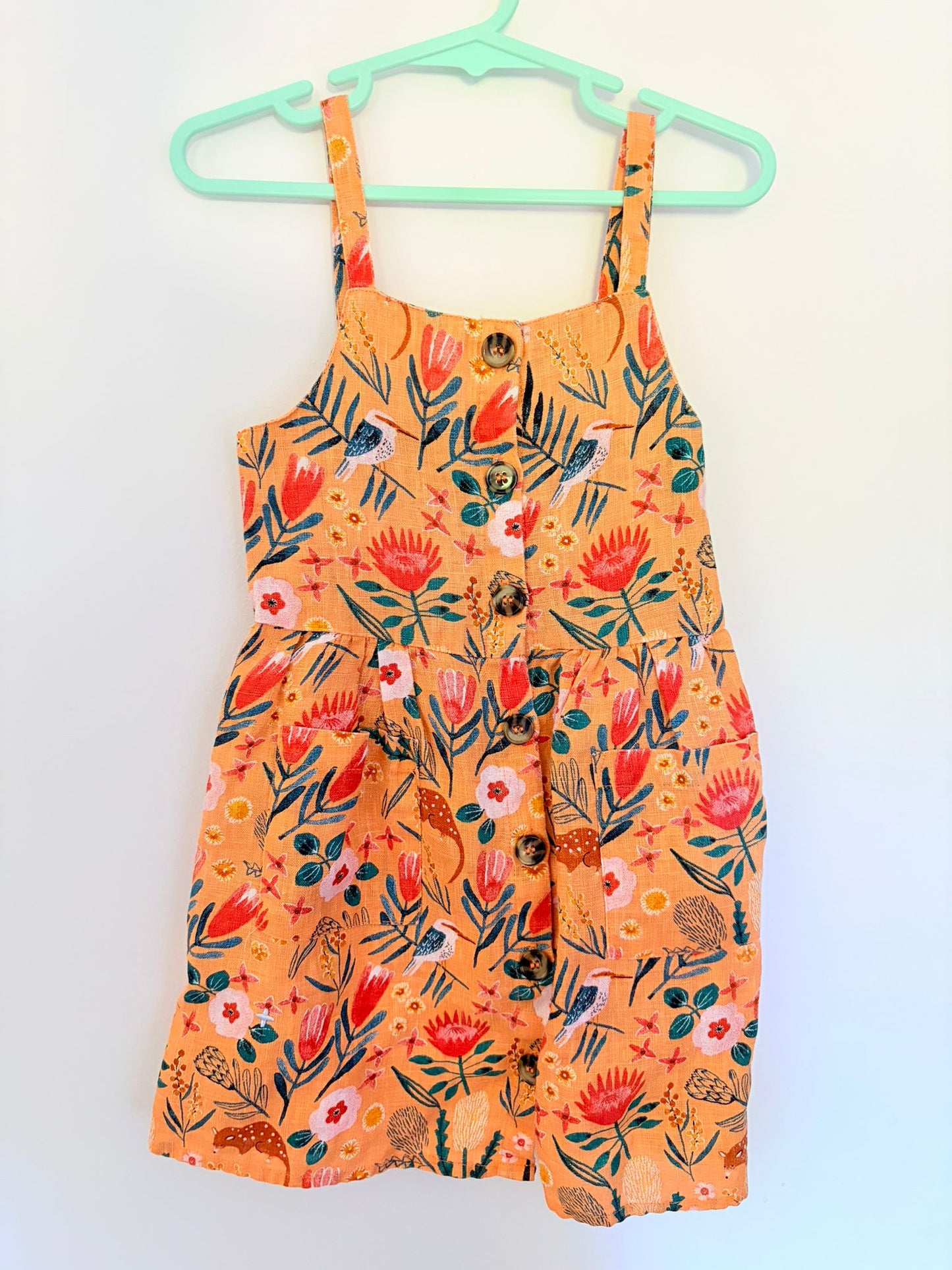 Size 4 Goldie & Ace orange linen Australian natives print dress.