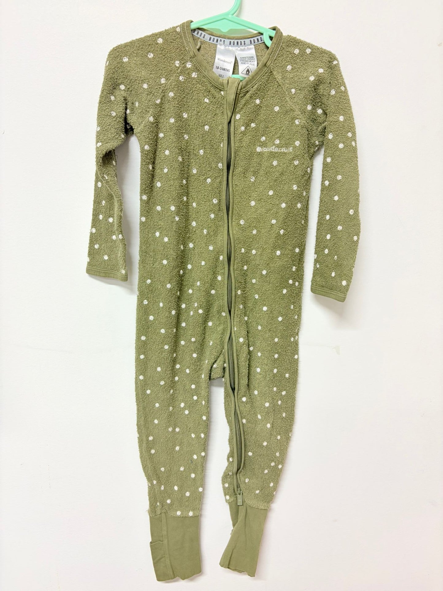 Size 2 Bonds wondersuit green polka dots flannelette.