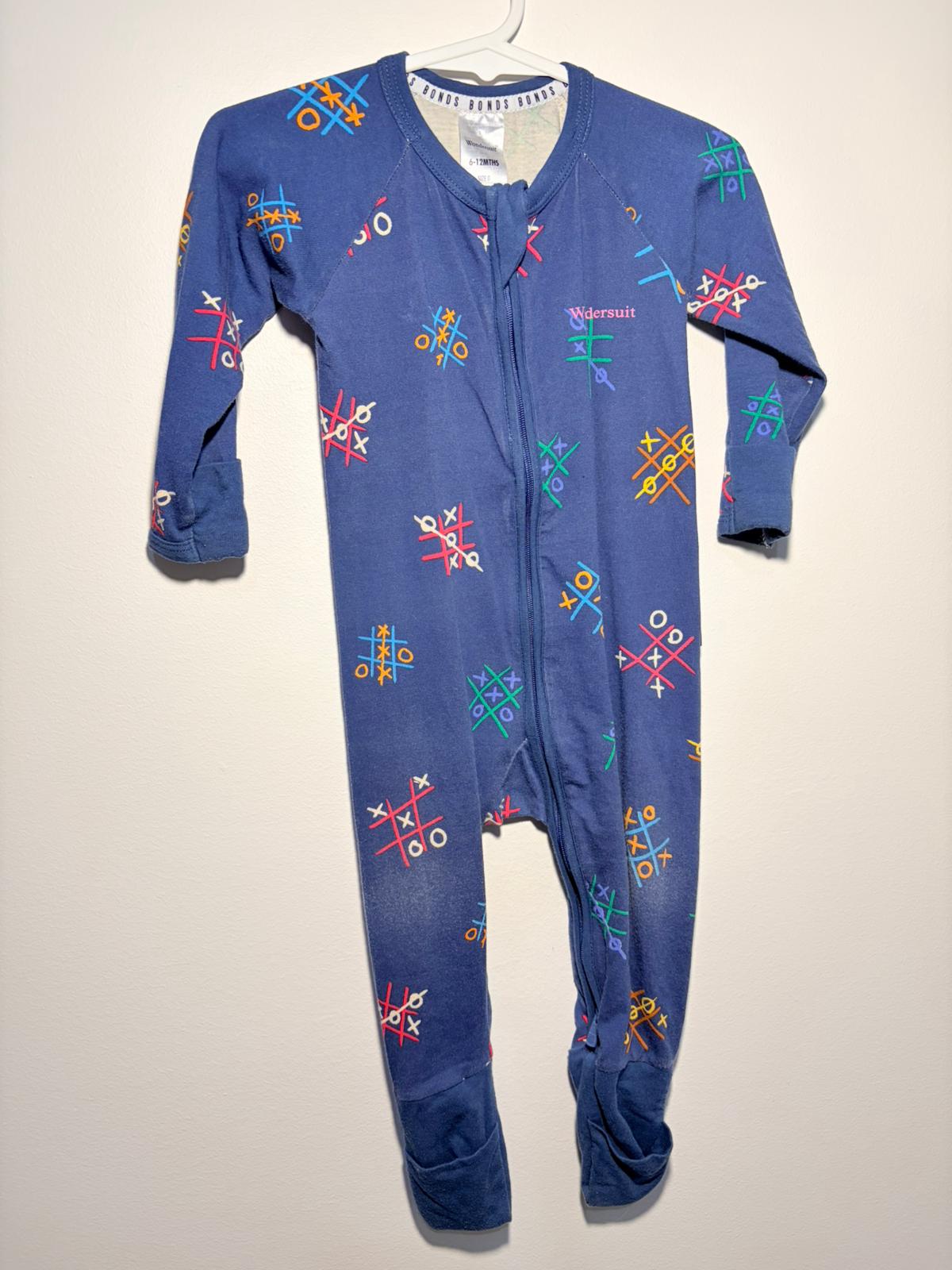 0 Bonds onesie blue noughts and crosses pattern.