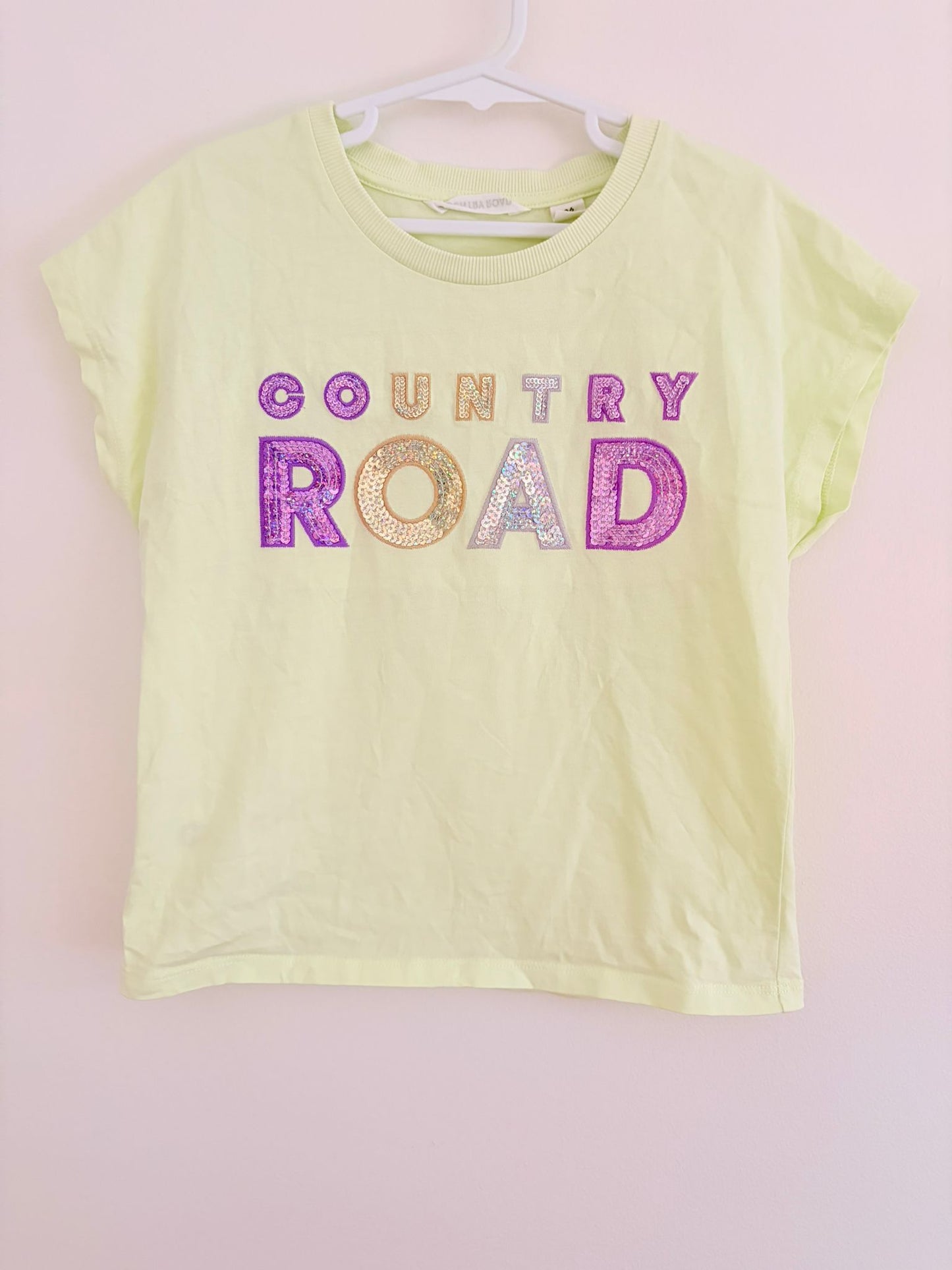 Size 6 Country Road lime green sequin logo T-shirt.