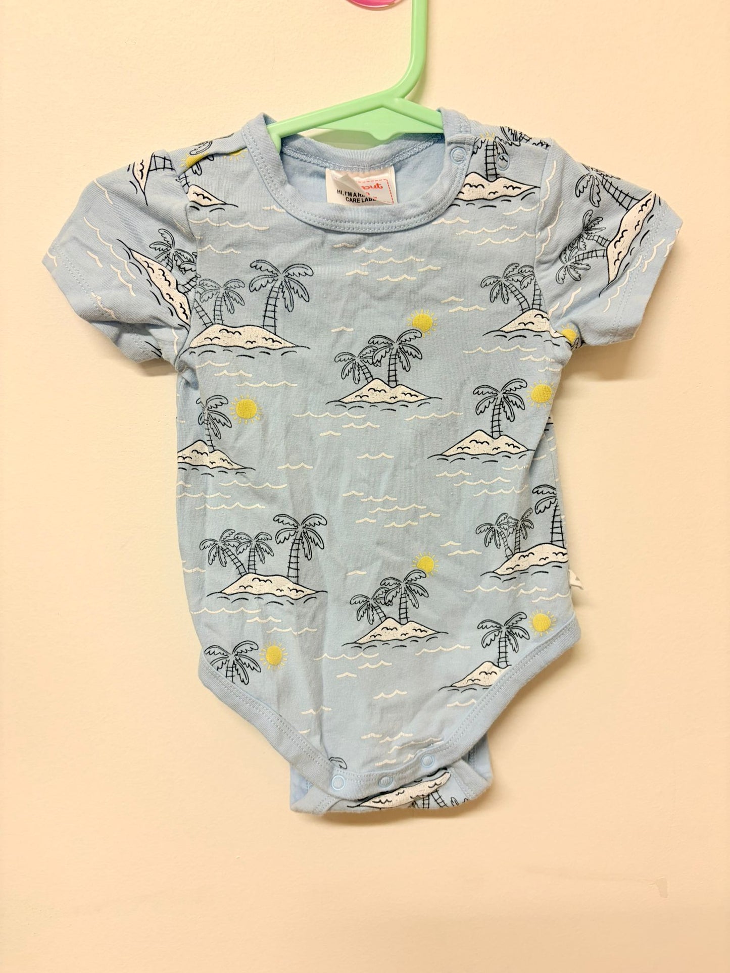 Size 00 Sprout baby blue palm tree print bodysuit.