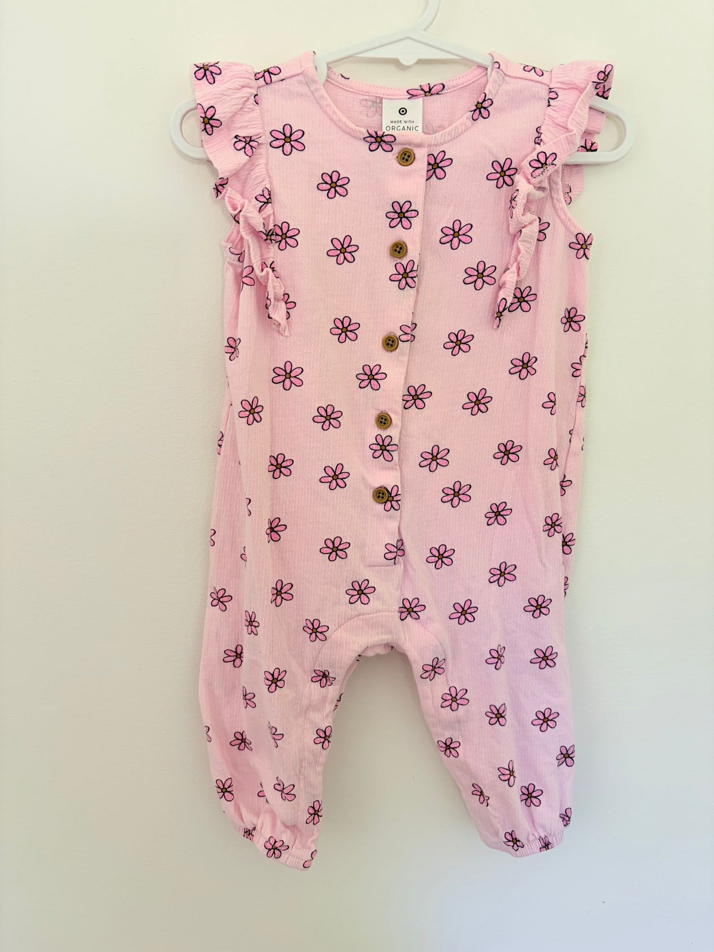 0 Target pink flower short sleeve romper.
