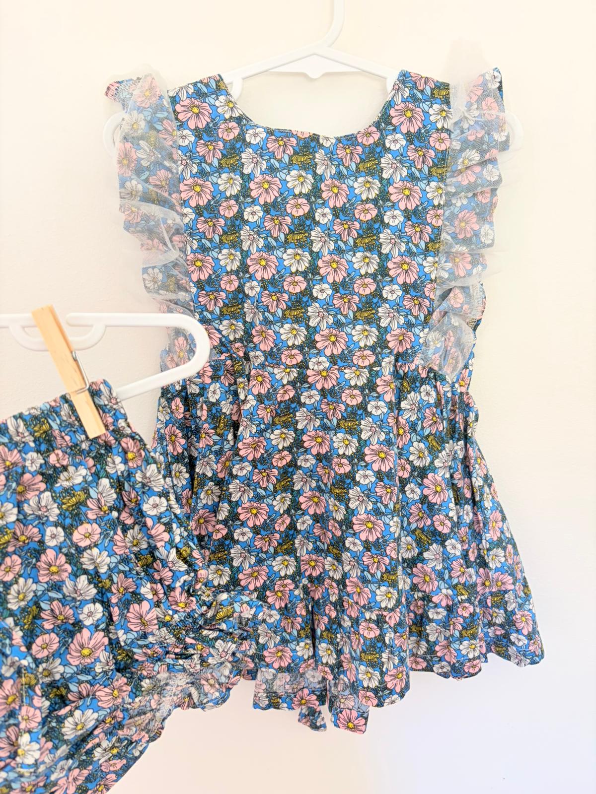 Size 3 Mini Mae the label blue floral cotton dress with tule trim & bloomers.