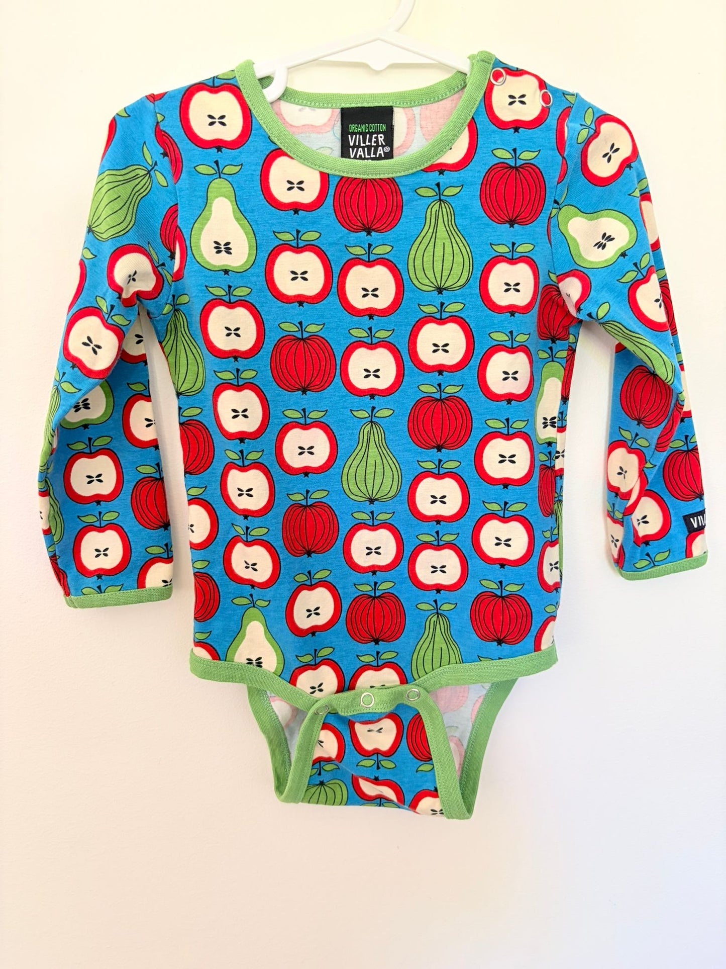 Size 1 Villa Valla organic cotton long sleeved fruit print Scandi bodysuit.