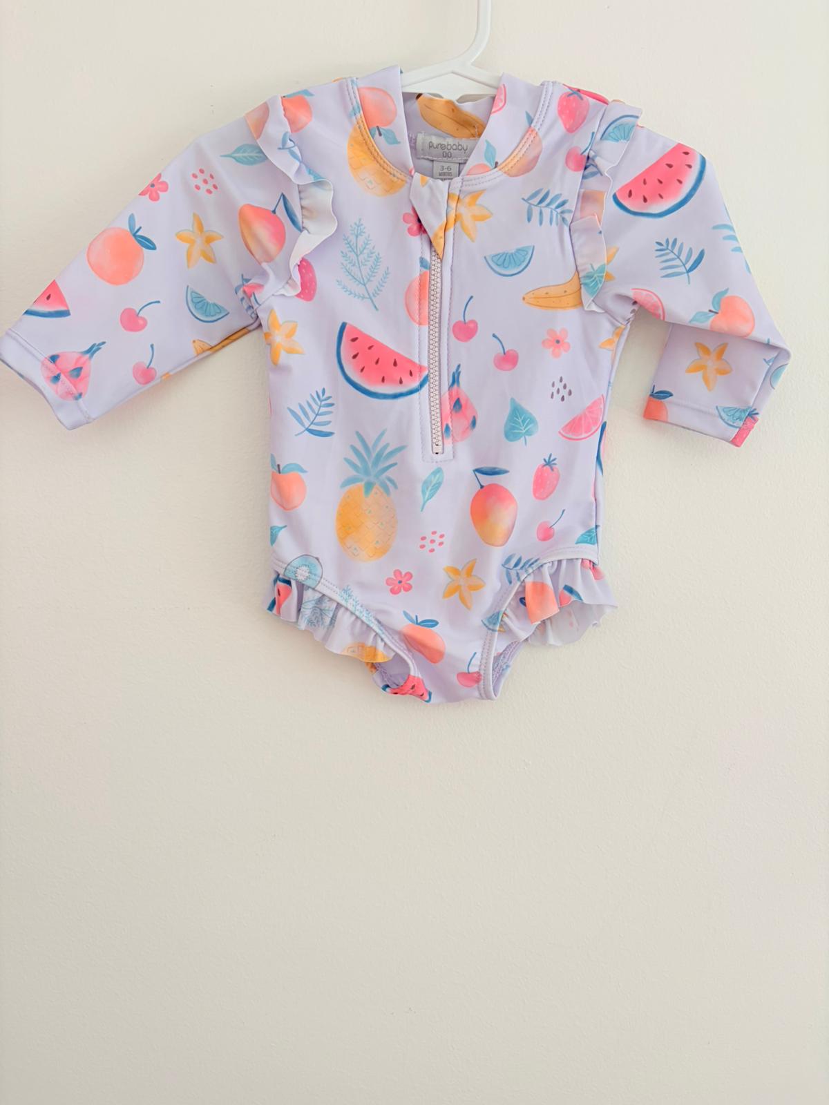 Swimwear Size 00 Pure baby light lilac with fruit print swimsuit.