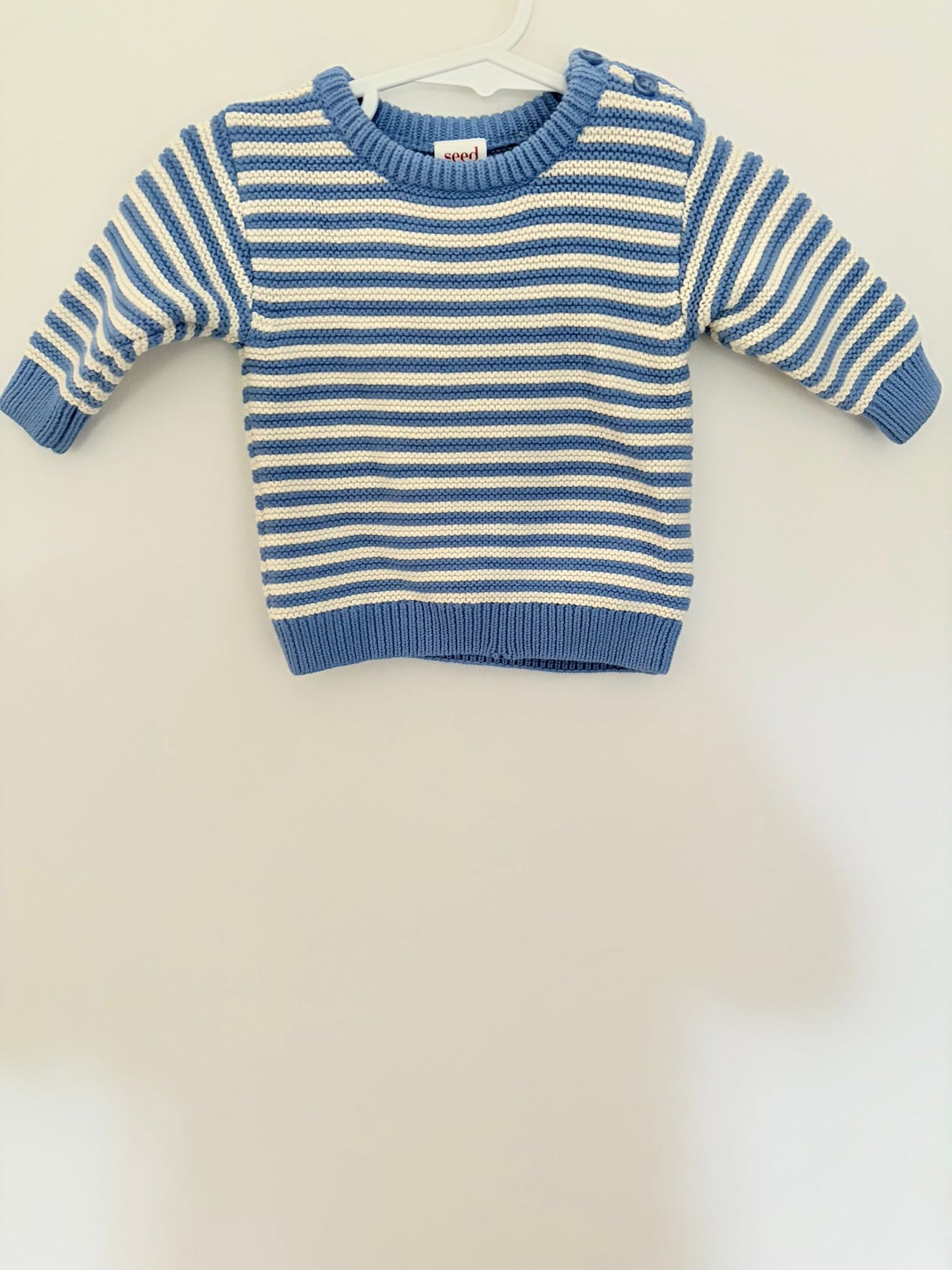 Newborn Seed knitted blue striped jumper.