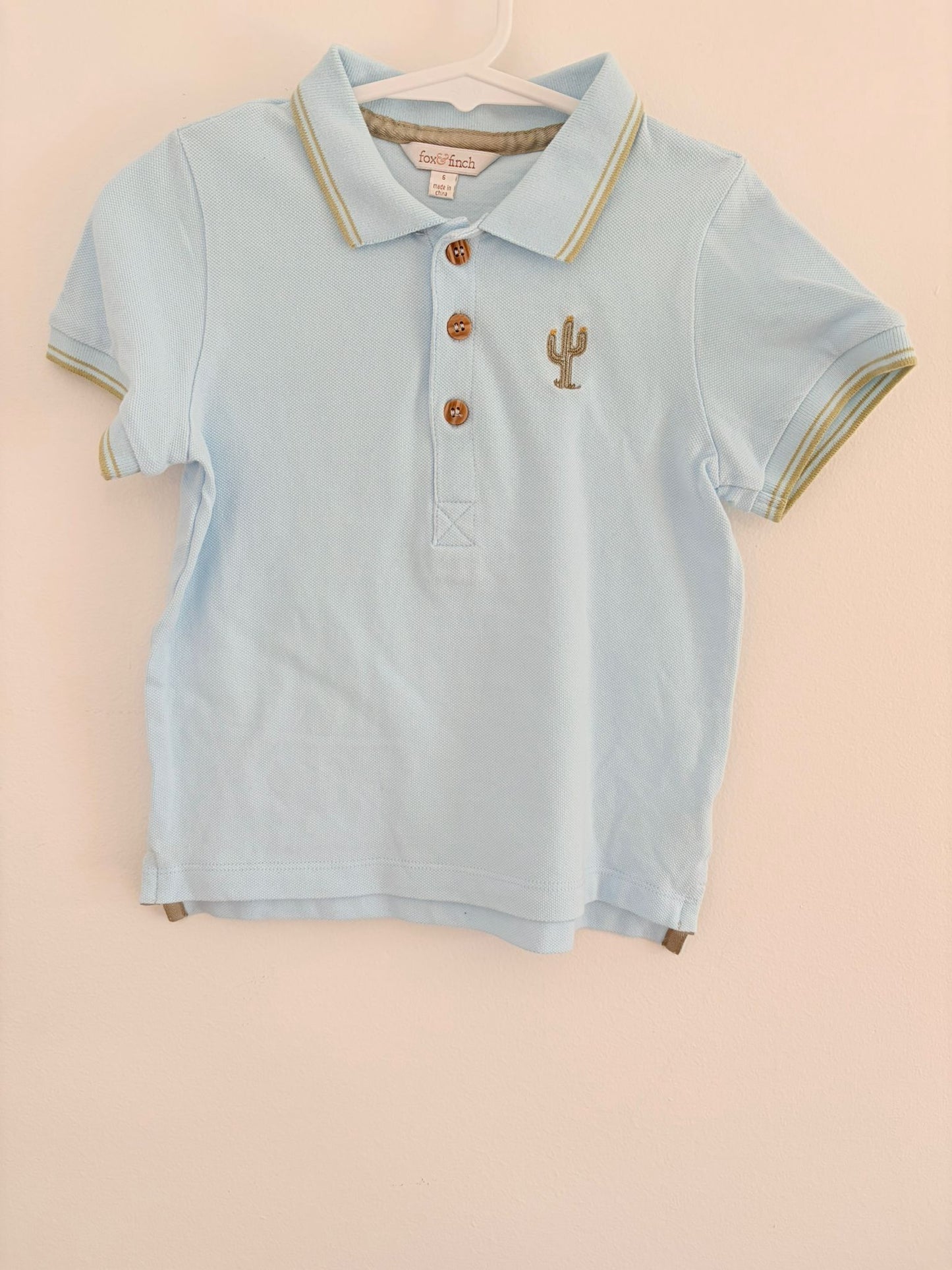Size 5 Fox & Finch light blue polo T-shirt, cactus embroidery.