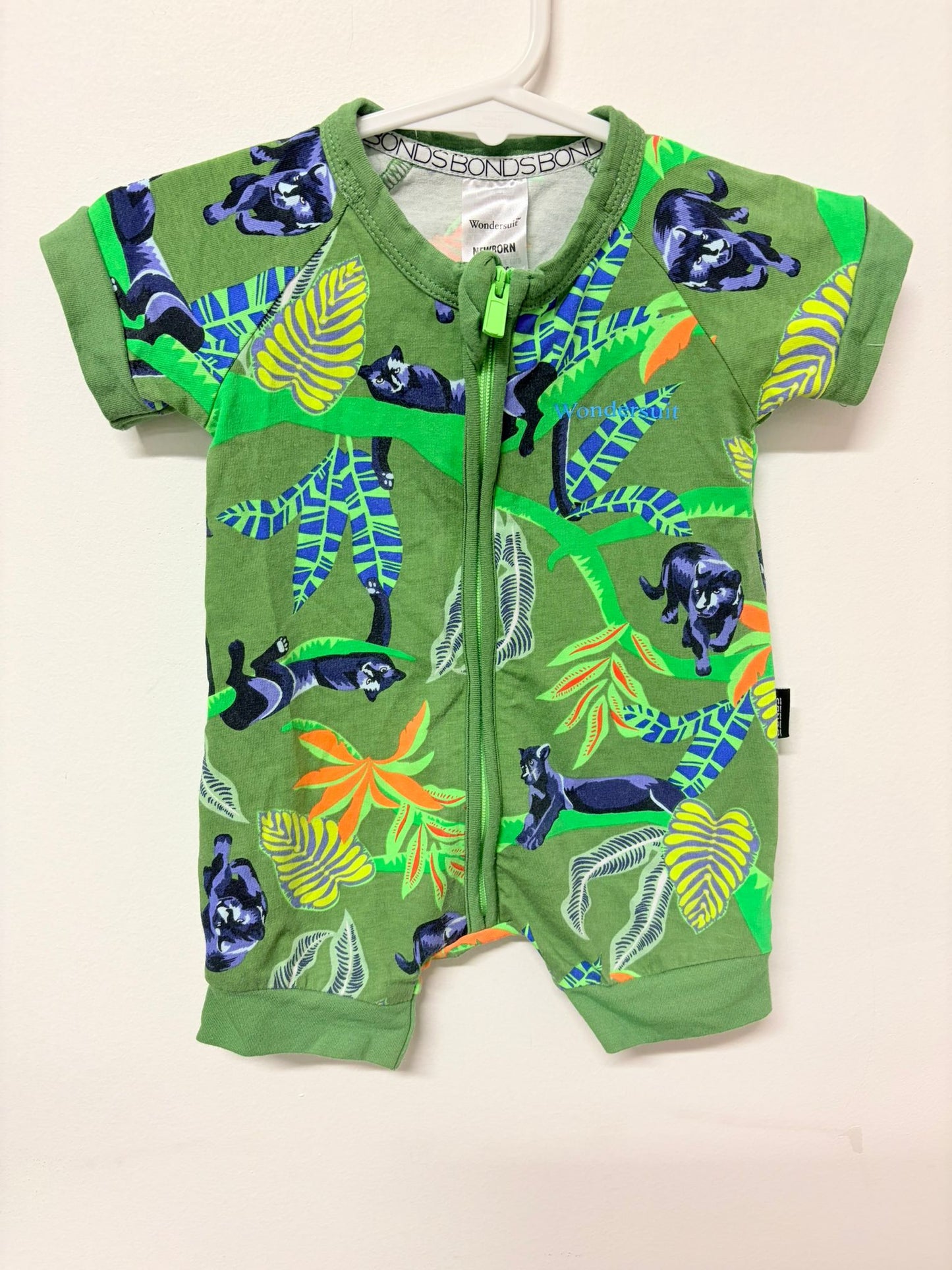 Newborn Bonds summer wondersuit green jungle print.