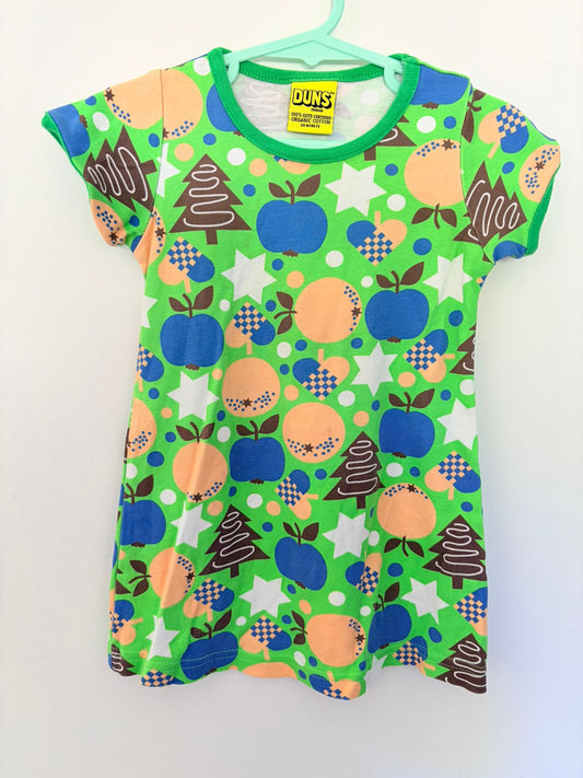 Size 1 DUNS Sweeden organic cotton green tree apple print dress.