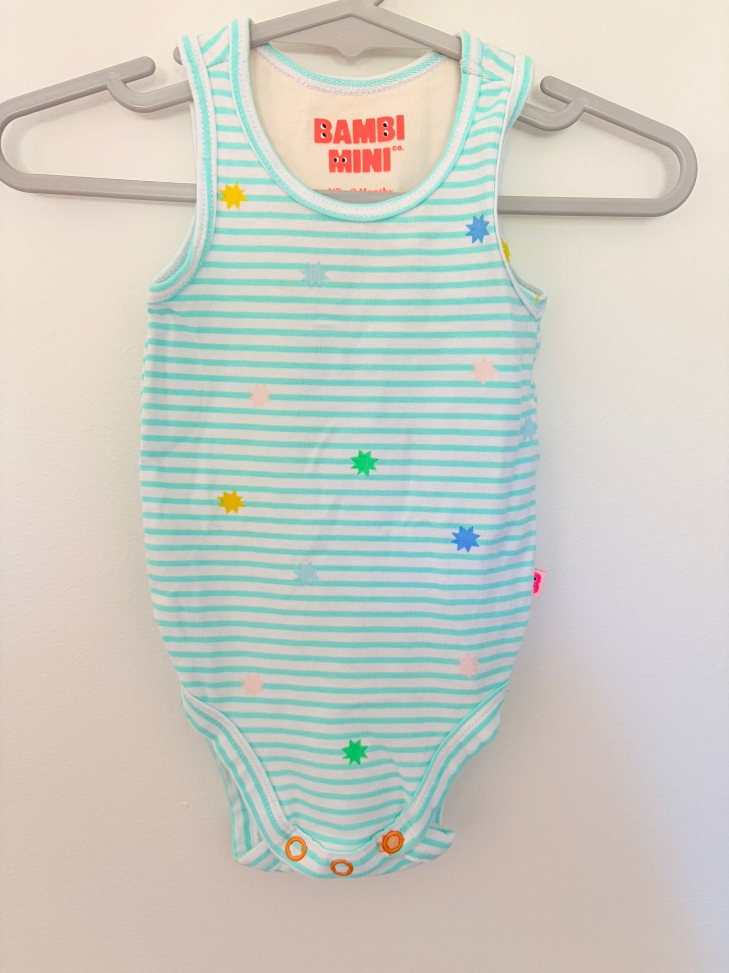 Newborn Bambi mini Co. Teal striped bodysuit.