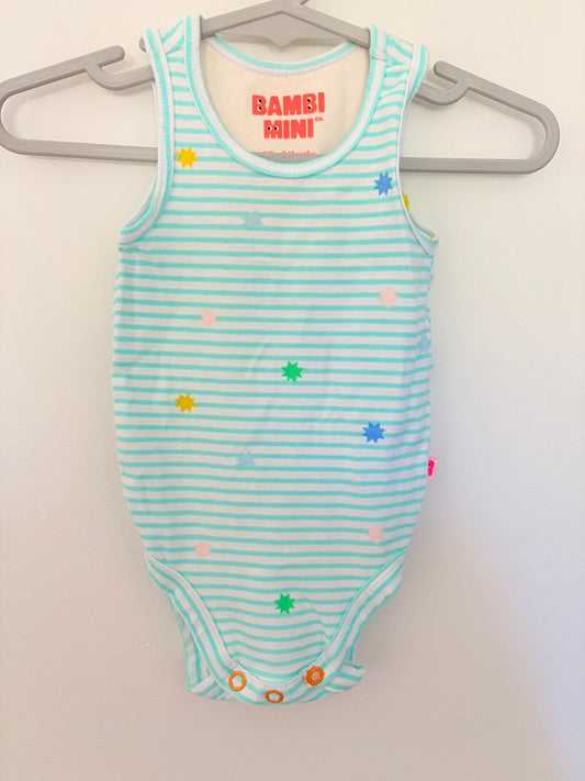 Newborn Bambi mini Co. Teal striped bodysuit.
