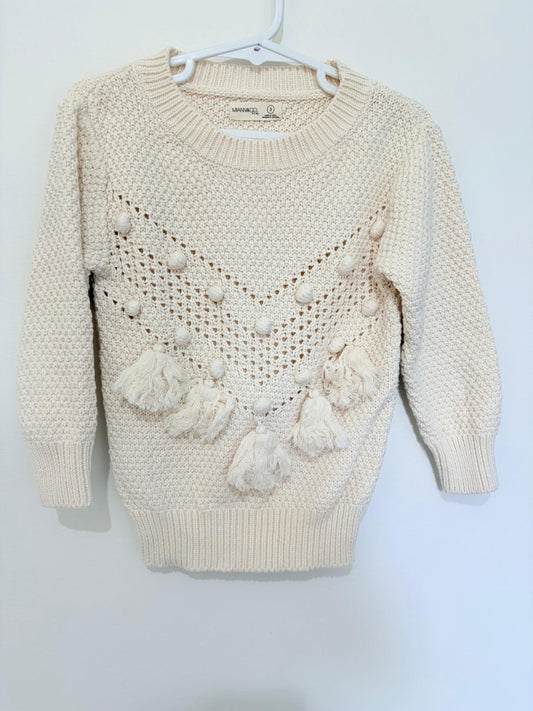 Size 3 MIANN & Co. knitted cream tassel jumper.