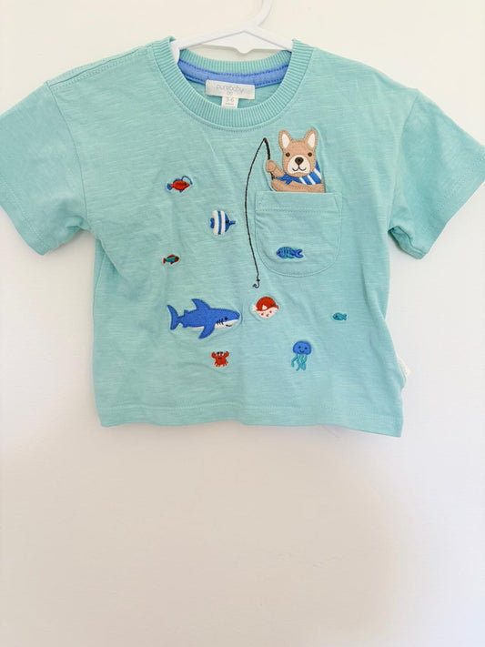 00 Purebaby pastel green fishing t-shirt.