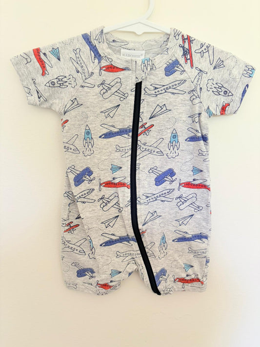 00 Marquis summer onesie grey aircraft print.