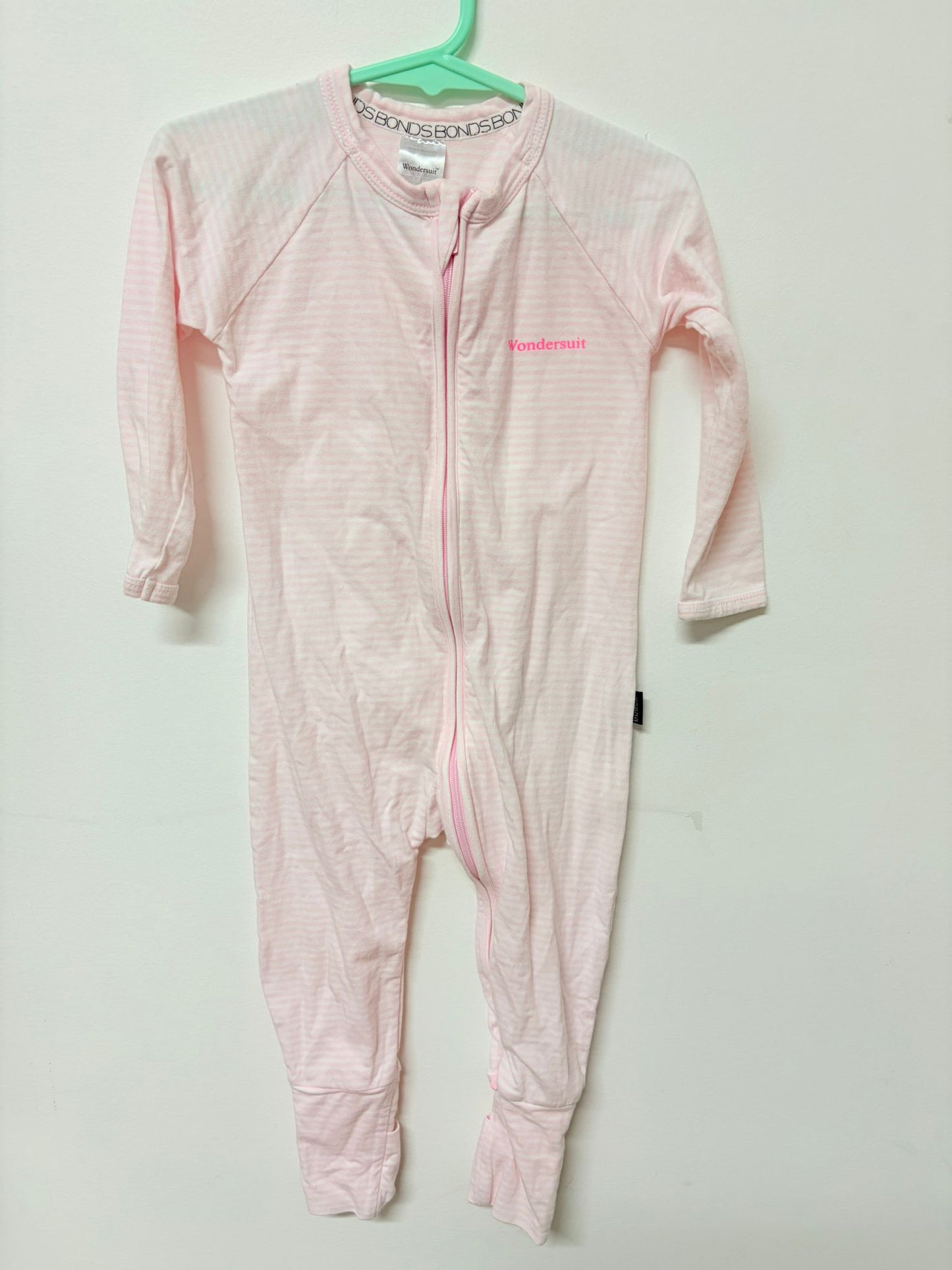 Size 1 Bonds wondersuit soft pink stripes.