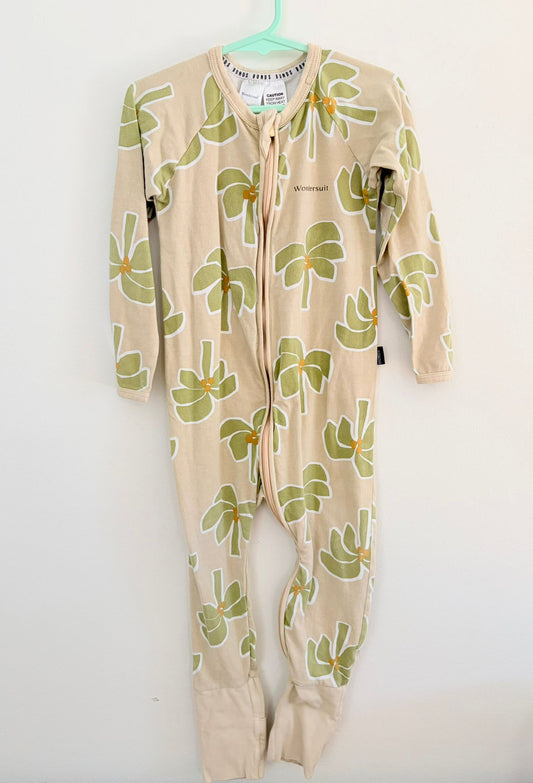 Size 3 Bonds wondersuit beige palm print.
