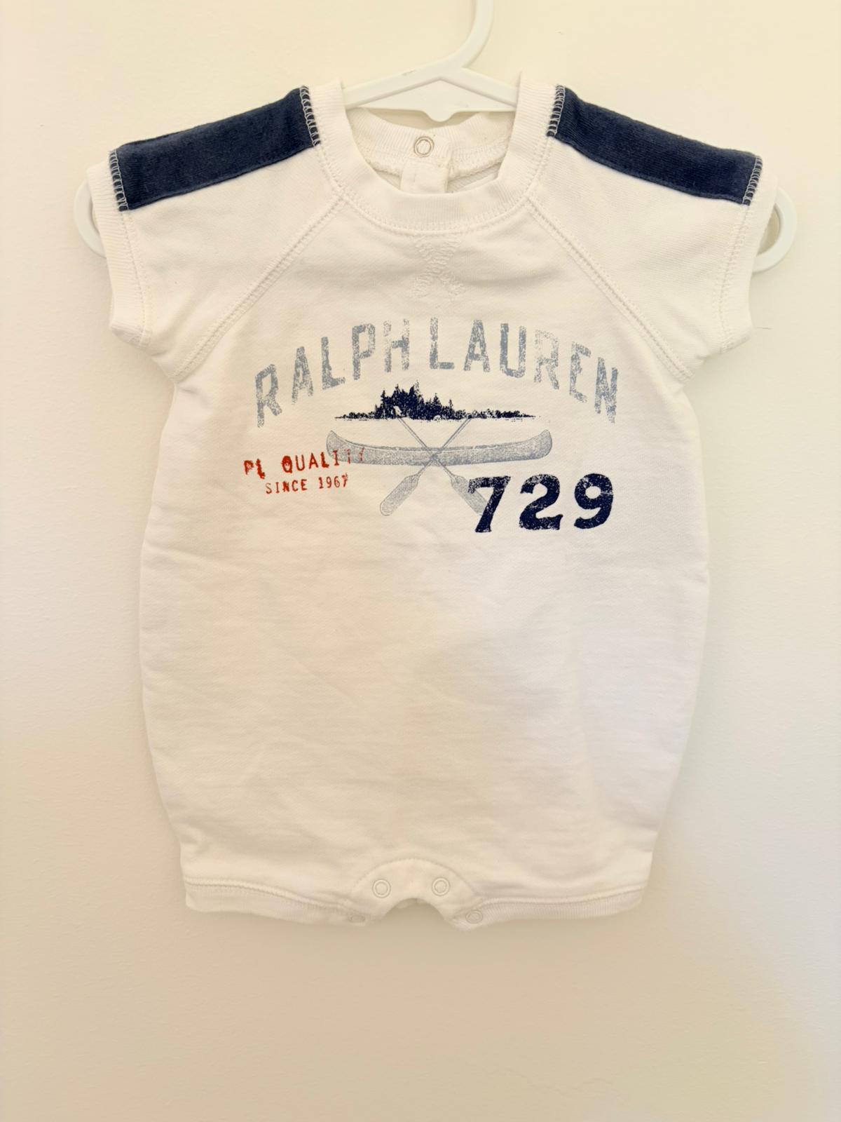 000 Ralph Lauren romper white with blue text.