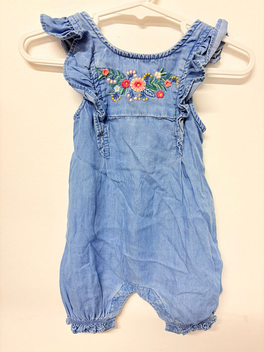 Size 00 No label denim romper with embroidery.