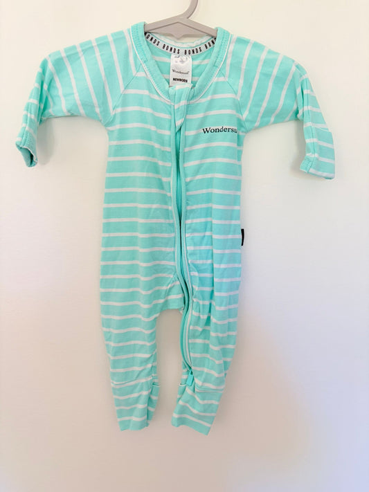 Newborn Bonds wondersuit teal/white stripes.