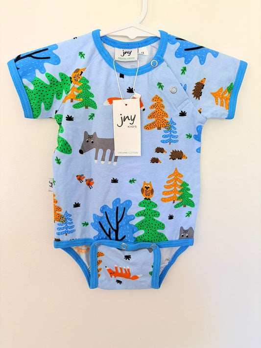 Size 0 JNY (new with tags) organic cotton blue nature print short sleeved bodysuit.