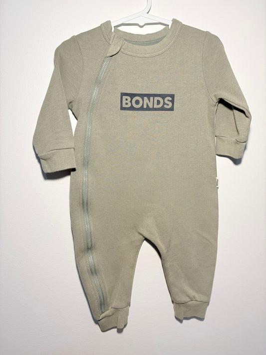 0 Bonds winter onesie with side zipper, olive green.