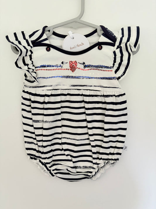 Size 0 (New with tags) fox & finch dashund navy striped romper.