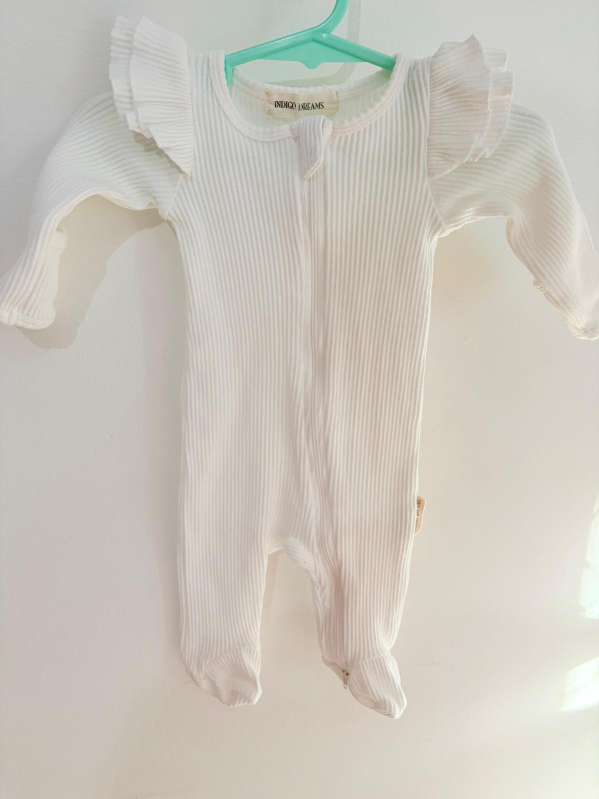 0000 Indigo dreams ribbed white onesie.