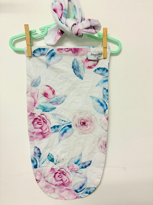 Newborn Snuggle honey wrap and headband pink rose print.