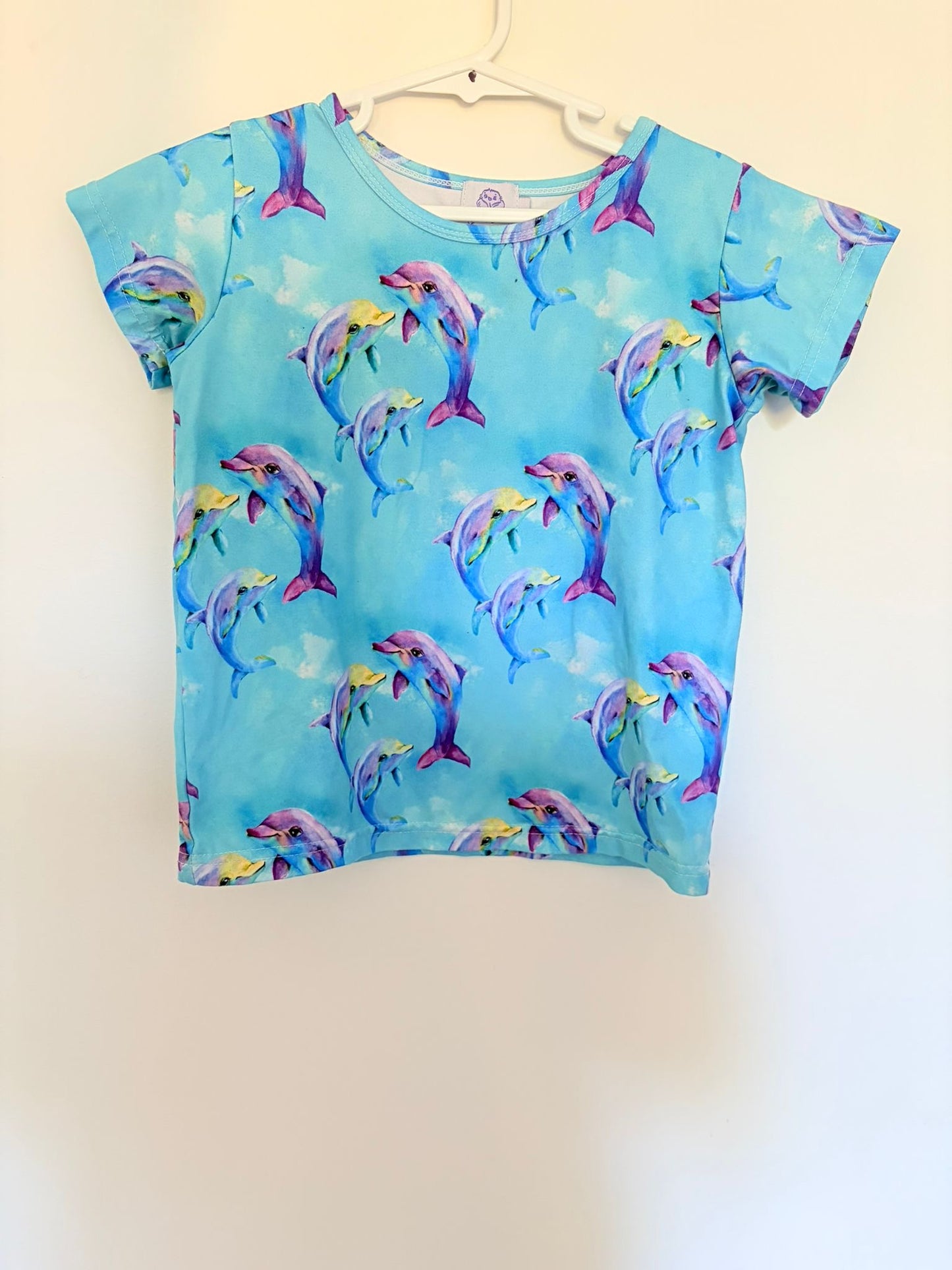 Size 3 Cheeky Chickadee aqua dolphin T- shirt.