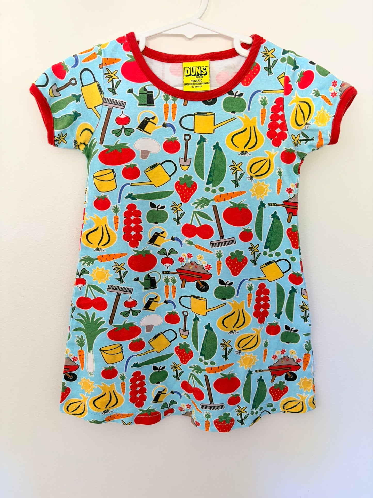 Size 2 DUNS Sweden organic cotton teal gardening print dress.