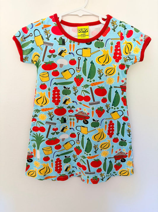 Size 2 DUNS Sweden organic cotton teal gardening print dress.