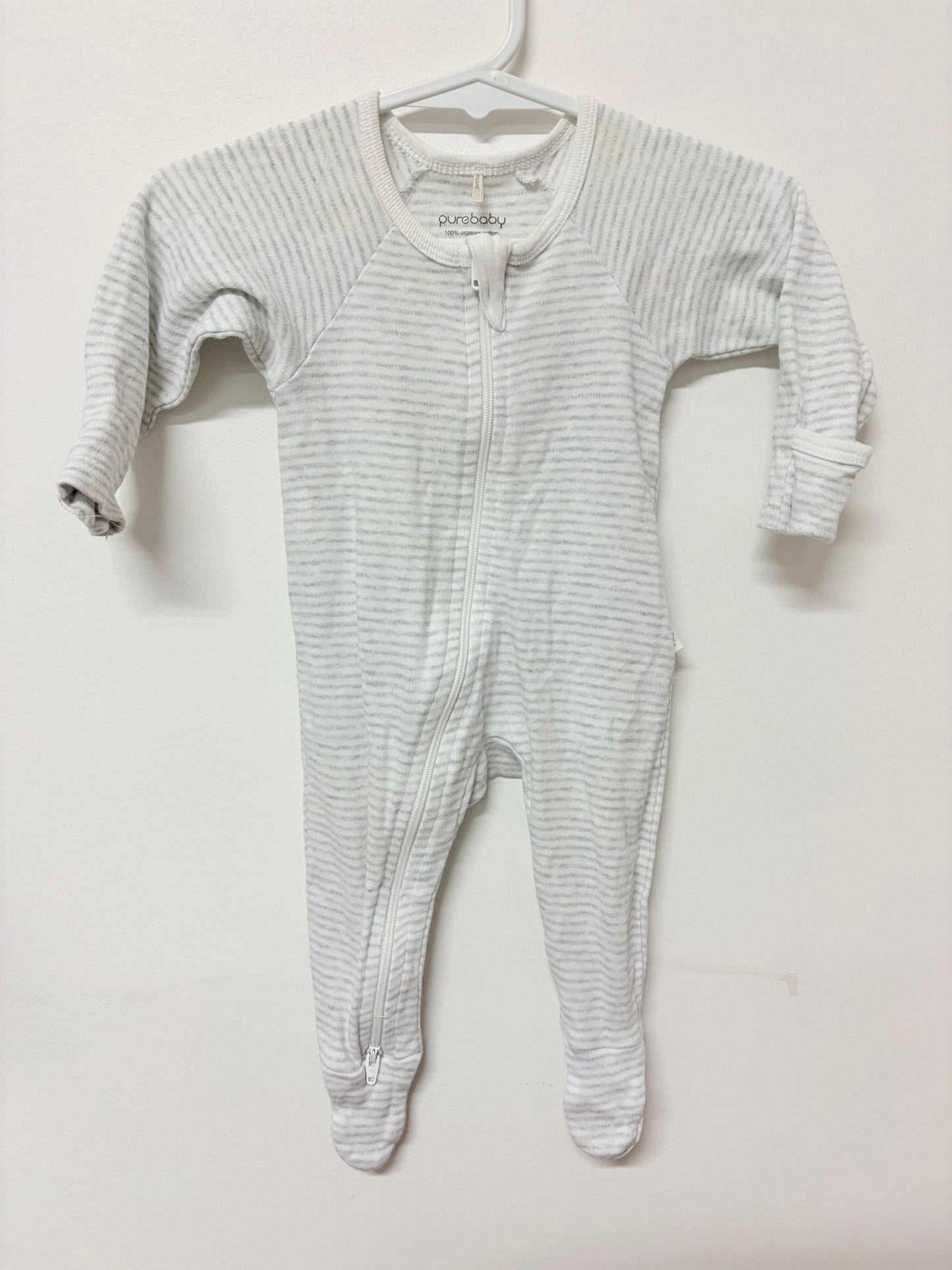 Size 000 Purebaby grey stripe onesie.