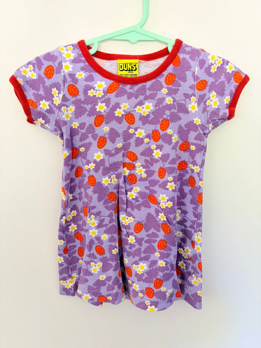 Size 0 DUNS Sweden organic cotton lilac strawberry print dress.