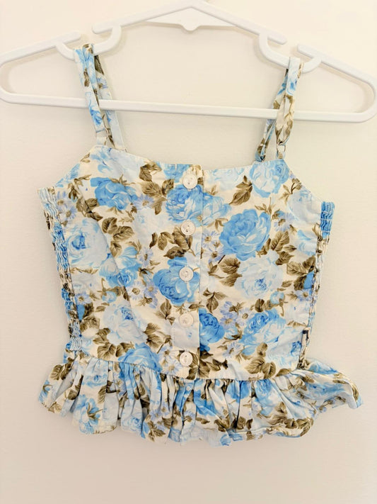 Size 3 Lacy Lane blue roses cotton top.