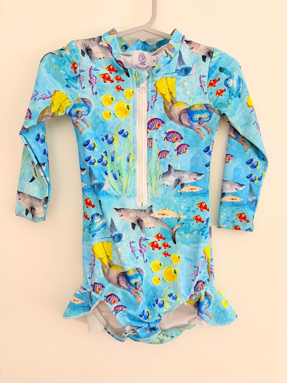 Swimwear Size 1 Cheeky chickadee underwater creatures print.
