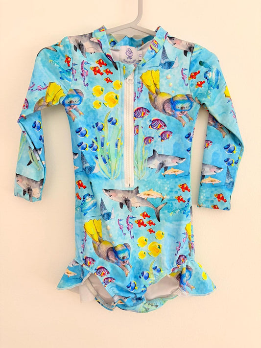 Swimwear Size 1 Cheeky chickadee underwater creatures print.