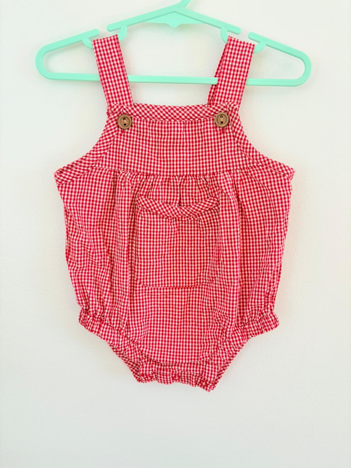 Size 00 Blossom & pear cotton red check romper with poppers.